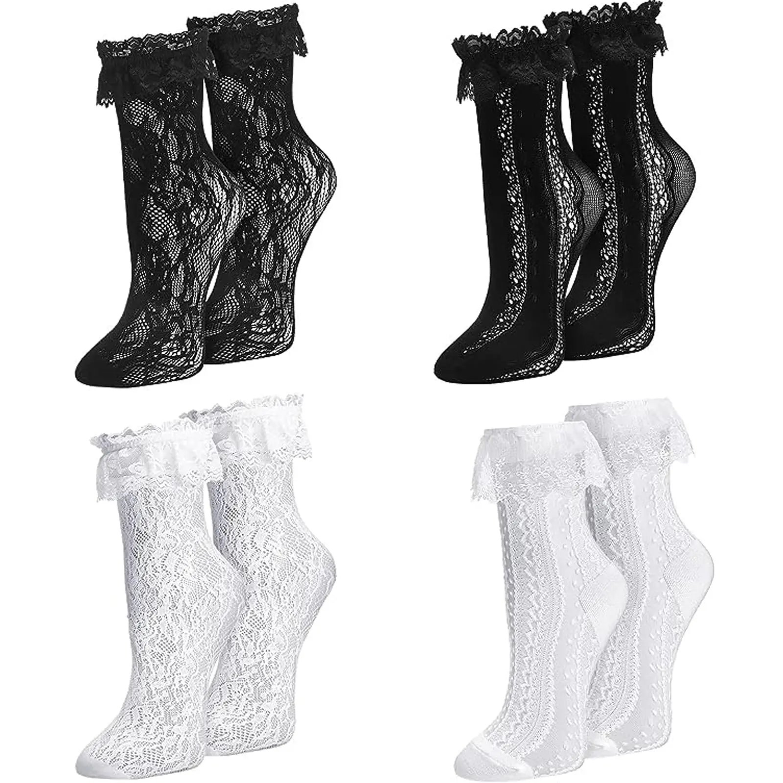 4 Pairs Lace Ruffle Socks for Women, Frilly Coquette Crew Socks Vintage Hollow Out Mesh Fishnet Ankle Socks Pack