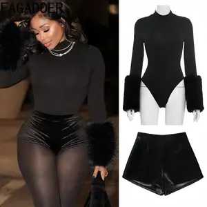 Winter New Sexy Fur Patchwork 2 Pieces Set for Woman Outfits Long Sleeves Bodycon Playsuits + Shorts Female Streetwear