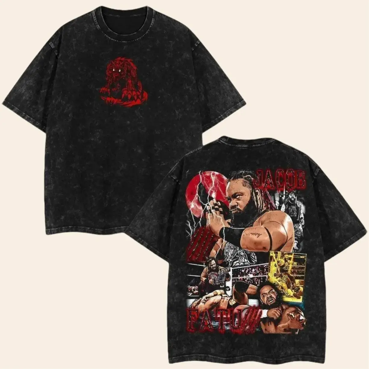 Jacob Fatu Vintage Wrestling Tee, Wrestler Unisex Heavy Washed Tee WWE Clothing Fan Cotton Menswear Fabric Seamless Tops Tshirt Gamis Streetwear T-Shirt Crewneck