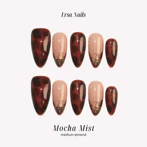 ErsaNails MOCHA MIST - Medium Almond 10 PCS Handmade Press On Nails | French Tip, Chrome & Swirl