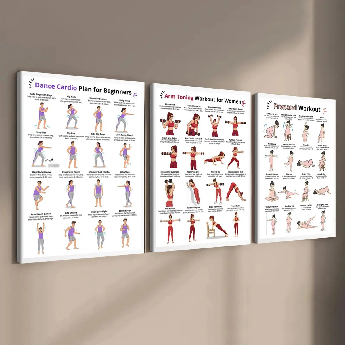 3-count wooden frame canvas, fitness movement illustration posters, sports enthusiast patterns, health and joy decoration, Modern Home Decor, suitable for corridor, living room, office and home wall decoration, ideal gift