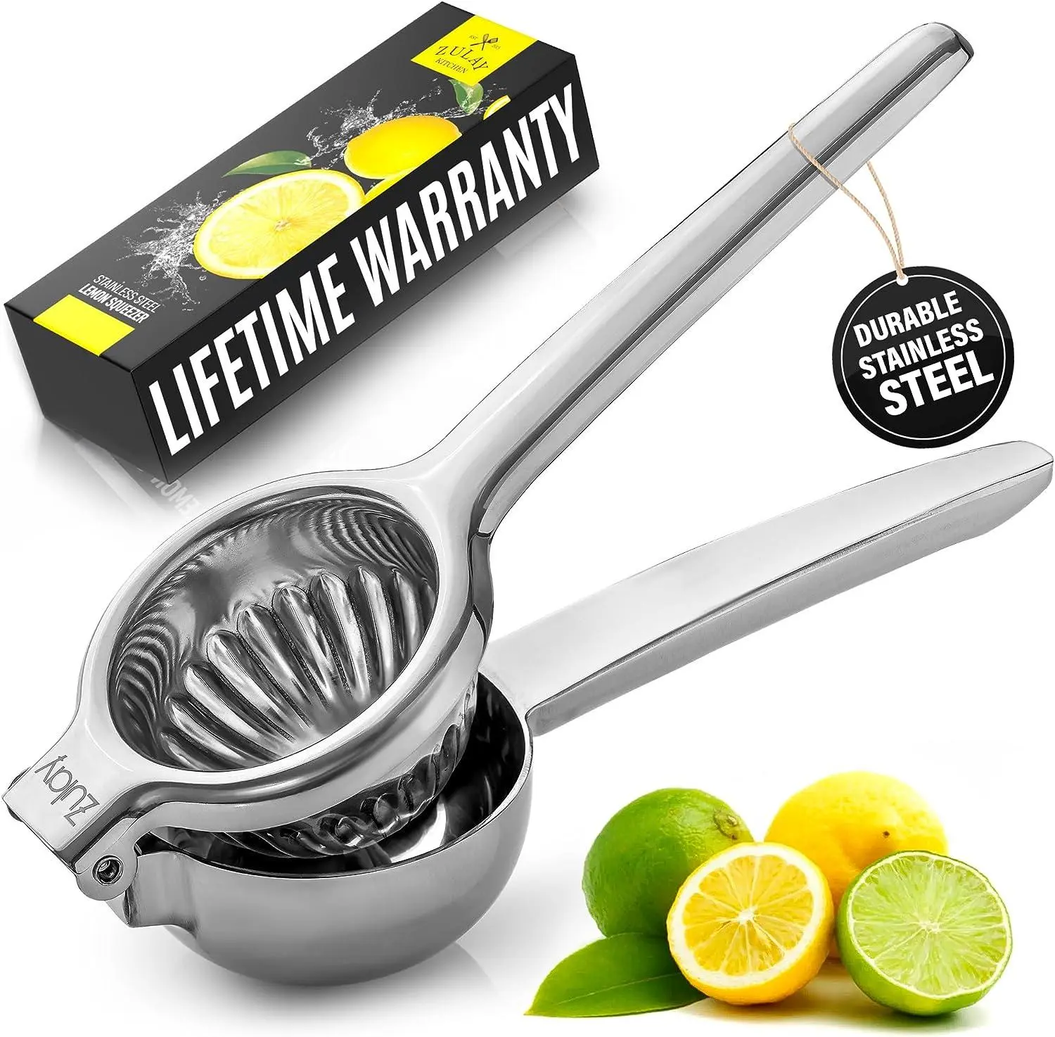 Extra Large Stainless Steel Lemon Squeezer - Heavy-Duty Citrus Juicer for Oranges, Lemons & Limes - Ergonomic Hand Press with Built-In Strainer