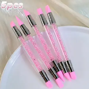 5Pcs Double Head Silicone Nail Art Dotting Pen Drill Rhinestone Gem Picker Wax Pencil Manicure Sculpte Draw Flower Brush Tools with Pink Crystal Handle