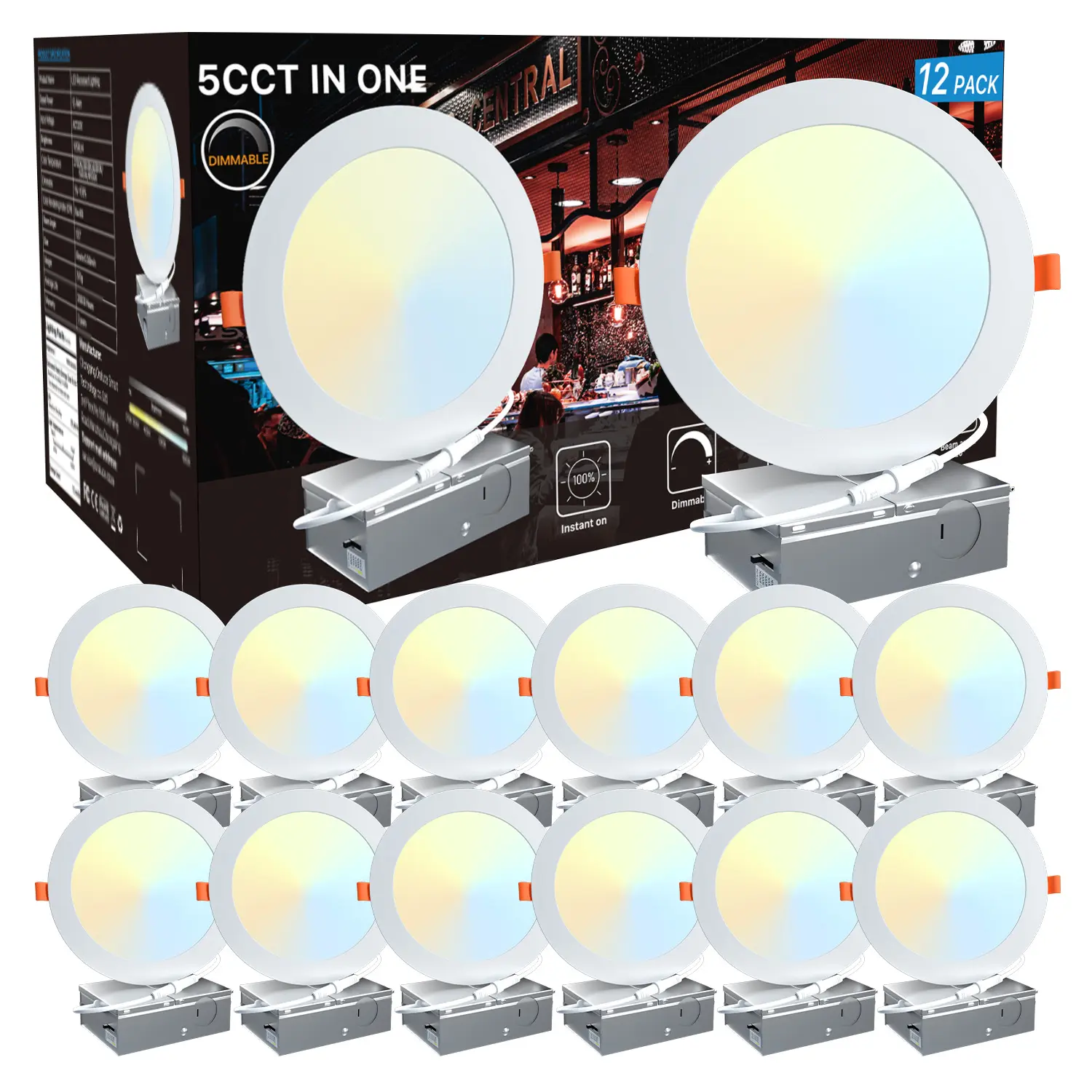 6 Inch LED Recessed Canless Downlight with Junction Box, Ultra-Thin, Smooth Dimming, 5CCT (Daylight White, Soft White), 12W (100W Equivalent), 1050LM, 2/6/12 Packs, Warm White Lights