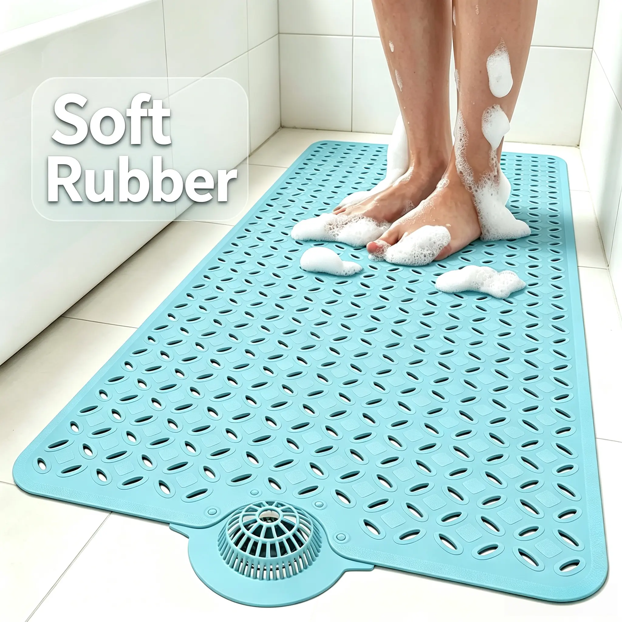 Functional Rubber Rectangle Tub Bath Mat (39in X 17in) - Soft, Anti-Skid Grip, Hair Catcher, Large Drain Holes, Machine Washable Bathroom Bath Mat