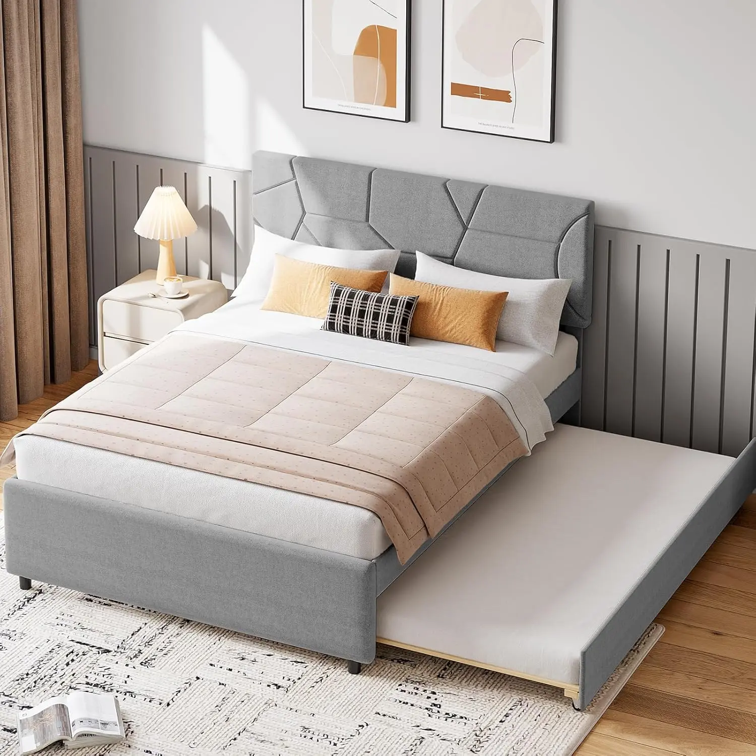 Trundle Bed Twin, Full Size Upholstered Platform Bed Frame, Pull Out Bed with Headboard, Wood Slat Support, for Bedroom, Living Room, Guest Room
