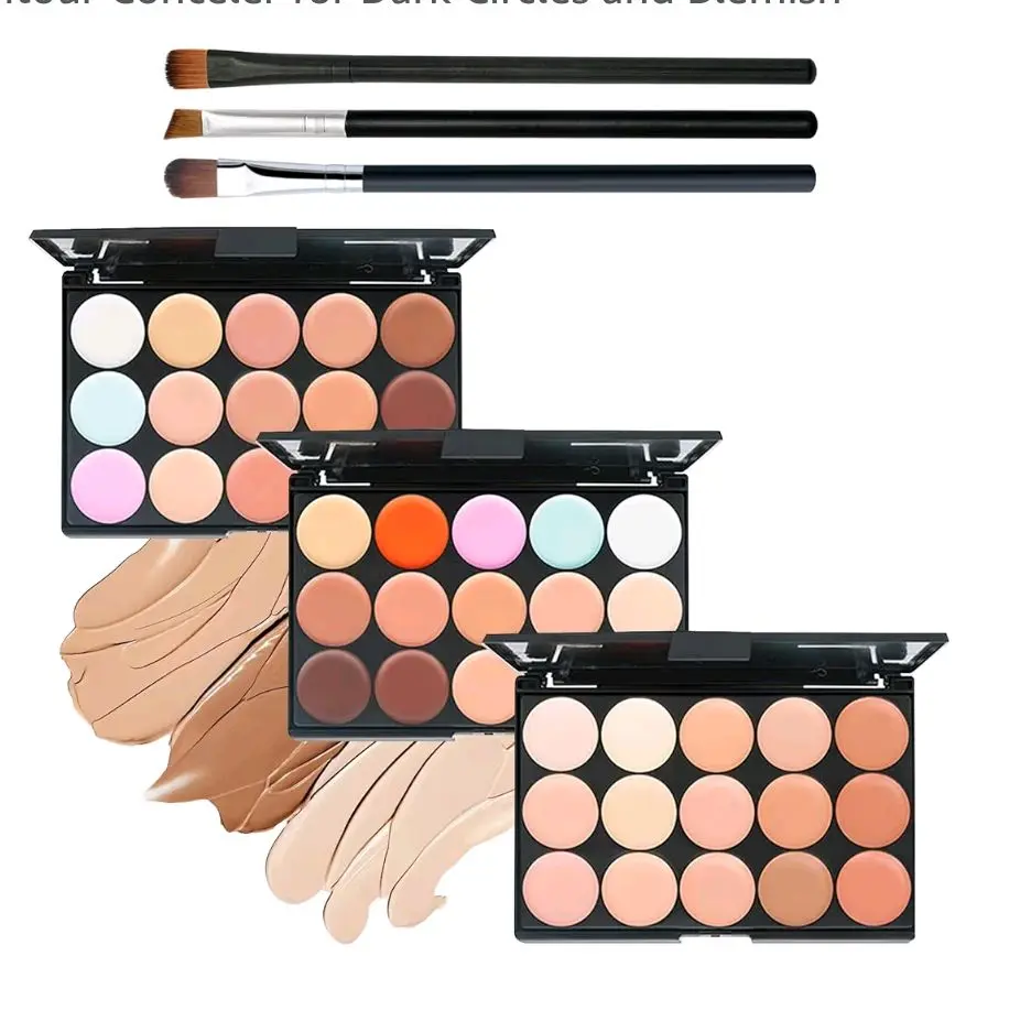 3PCS 15 Colors Correcting Concealer Palette with Brushes,Waterproof Color Corrector Palette,Full Coverage Concealer Makeup Pallets Kit,Makeup Cream Contour Conceler for Dark Circles and Blemish