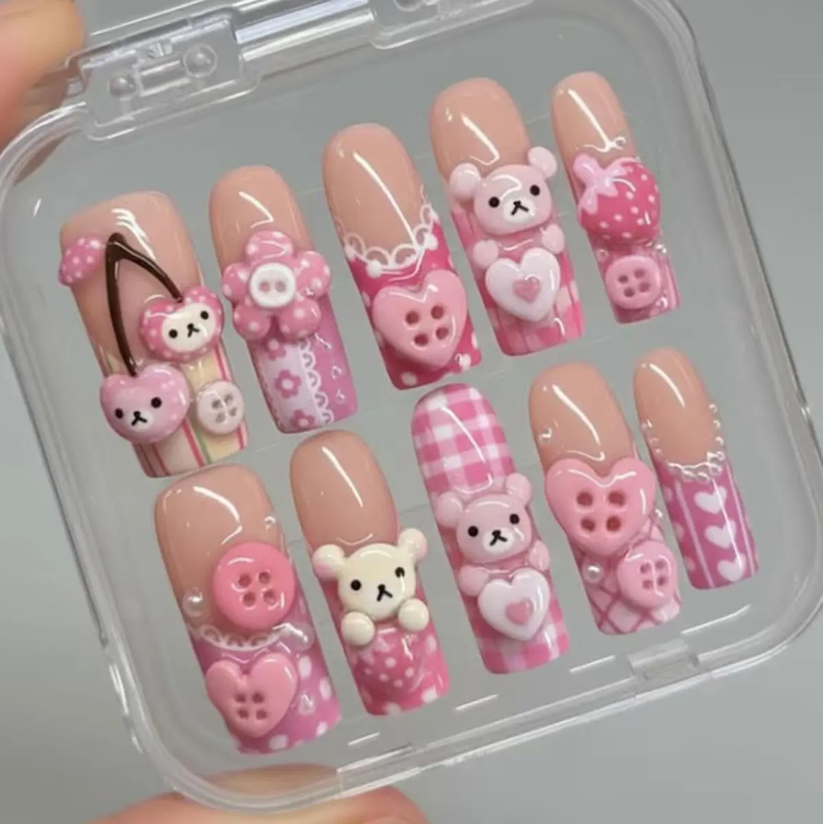 Kawaii Pink Bear Nails  | 3D Bear Charms & Checkered Press-On Nails| FREE Adhesive Tabs FREE Nail File FREE Cuticle Stick