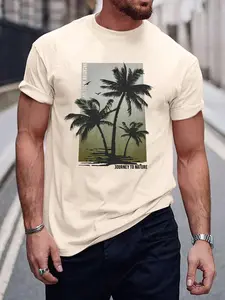 Men's Coconut Tree & Letter Print Tropical Drop Shoulder Sleep Tee, Regular Fit Casual Soft Comfortable Short Sleeve Round Neck PJ T-Shirt for Daily Wear, Sleepwear Loungewear for Men
