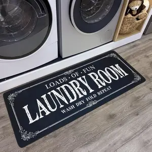Laundry Room Decor Non-Slip Runner Rug - Loads of Fun Laundry Room Mat for Mudroom & Bathroom - Black 20x47 Inches - Lightweight & Easy Care - Farmhouse Vintage Design