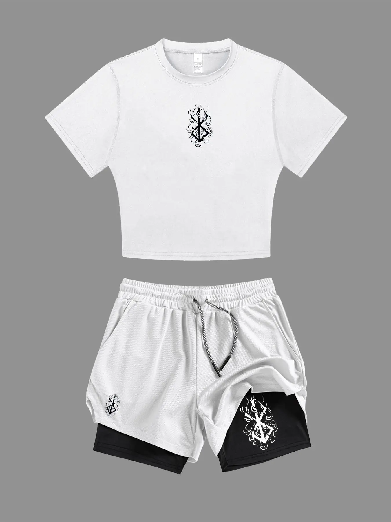Two-Piece Set Women's Graphic Crop Tee & 2 in 1 Double Layer Shorts Sportswear Set, Sporty Round Neck Short Sleeve T-Shirt & Track Shorts, Ladies Summer Sportswear, Activewear Workout Set, Activewear Shorts Sets, Sporty Fashion Set