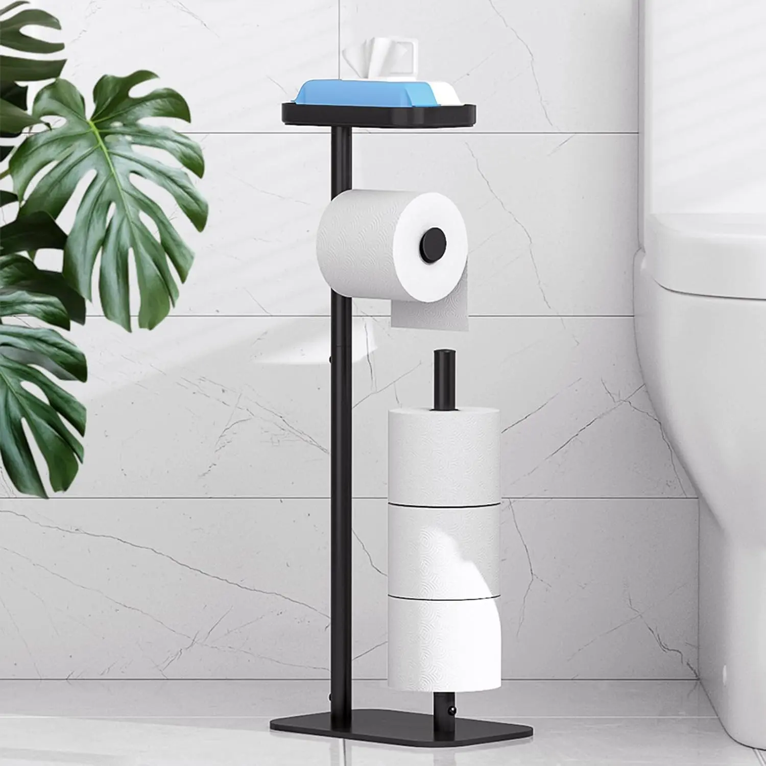 Metal Toilet Paper Holder Free Standing, Medium, Black | Rustproof Toilet Paper Stand for 4 Rolls, Bathroom Organizers and Storage with Anti-Slip Base and Plastic Shelf