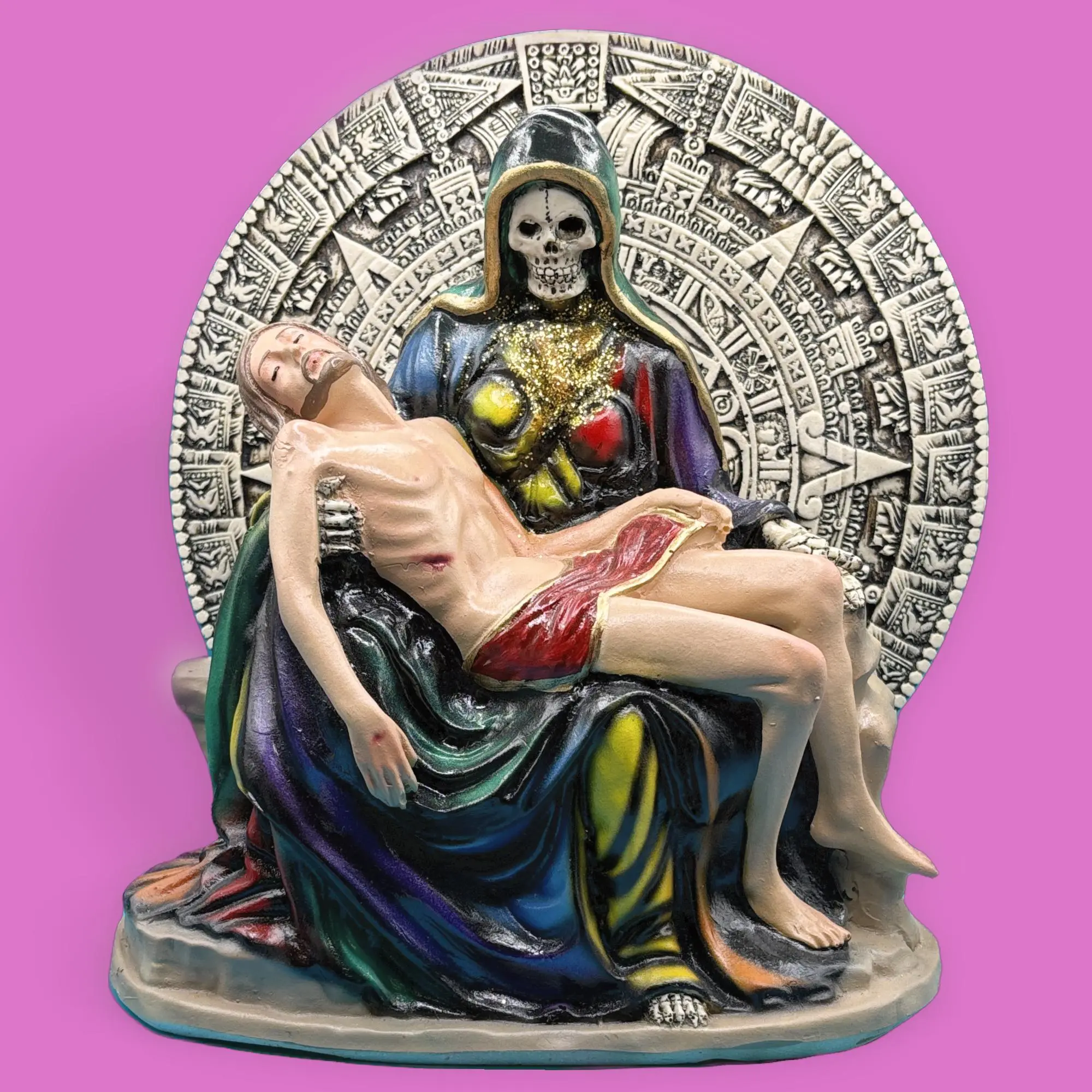 Santa Muerte with Jesus Aztec calendar statue 11 inch curada charged
