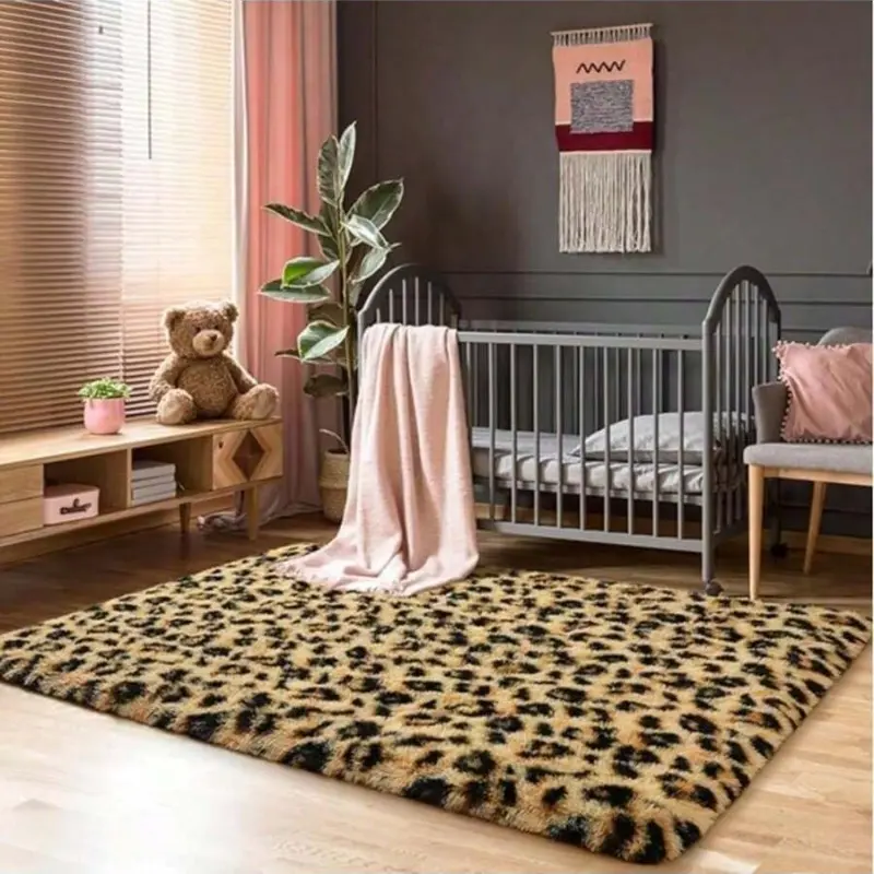 Leopard Print Indoor House Decor Rug - Black & Khaki Western Decorative Rugs for Bedroom, Stylish Room Decor Carpet for Living Room, Indoor Rug, Leopard Room Decor