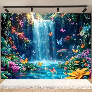Waterfall & Mountain Pattern Backdrop, Waterfall & Flower Pattern Wall Hanging Banner, Wall Decor for Home Living Room Bedroom Garden Party, Flower Design, Ornaments, Decorative Banner