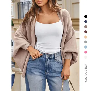 Danedvi Women's Minimalist Basic Solid Soft Long-Sleeve Chunky Knit Open-Front Cardigan - Casual Loose Batwing Shawl Wrap Poncho Sweater Coat, Comfy Basic Women's Cardigans for Daily Wear