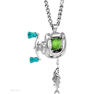 Rotating Mini Fishing Reel Necklace, Real Movable Line Guide Fishing Lure Pendant Necklace, Unique Jewelry Gifts for Fishermen Anglers