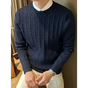 [Cable knit sweater] long sleeve cable knit sweater | men's casual crew neck-viscose, solid color, medium stretch, regular fit for Fall/Winter