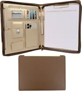Brown Vegan Leather Portfolio Binder for Women - Professional Padfolio Work Organizer with  Trim, Zippered Business Case for Documents