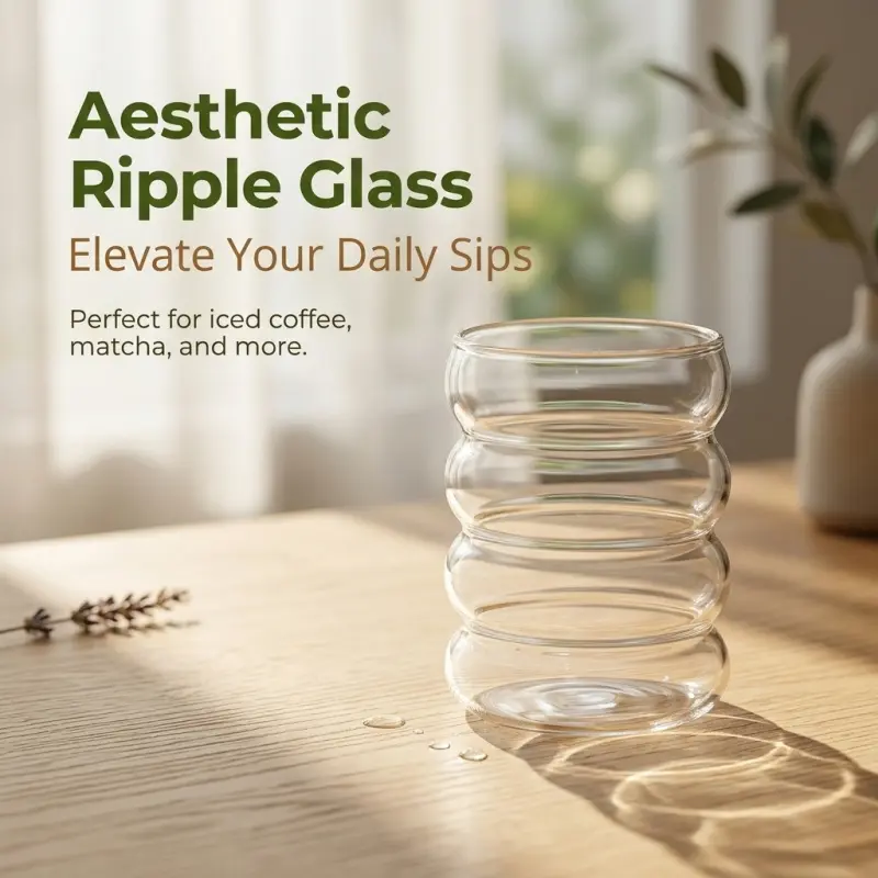 9-piece set of ribbed glass cups, transparent heat-resistant glass cups, stylish striped design, Ripple Glass Cup, suitable for home use, cafes, and summer drinks, Glass Iced Coffee Cups, Glass Beverage Cups, Drinkware, Drinking Glasses