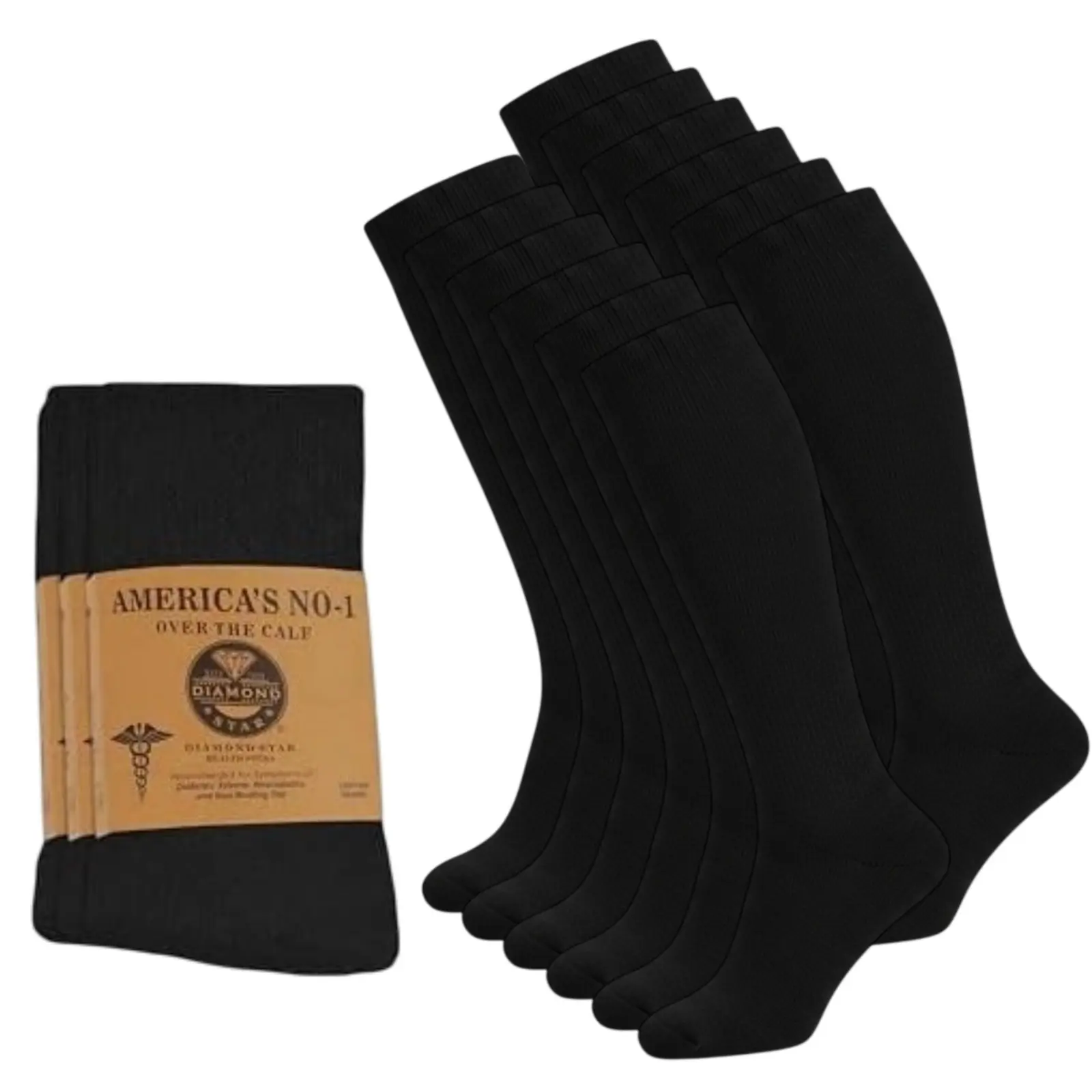 DIAMOND STAR Men's 2-Pair Plain Black Loose Seamless Fashion Diabetic Socks - Over-the-Calf Knee-High Premium Cotton, Soft, Breathable, Casual Elastic Socks for Men, Size 10-13