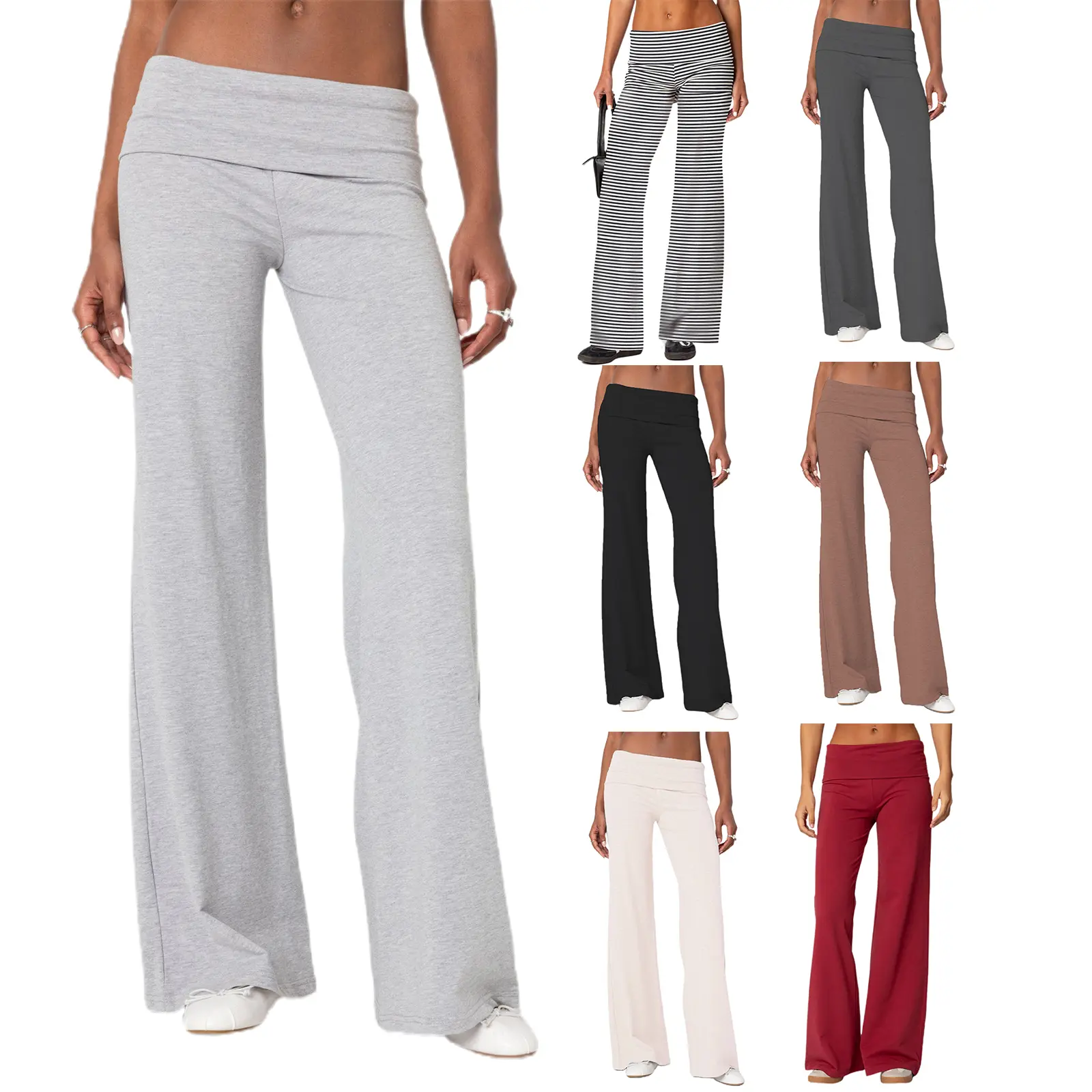 Women Fold Over Waist Soft Knit Flare Leg Yoga Pants, High Waist Fold Down Wide Bootcut Bell Bottom Loungewear Trousers, Stretchy Slim Fit Casual Foldover Waistband Long Palazzo Sweat Pant