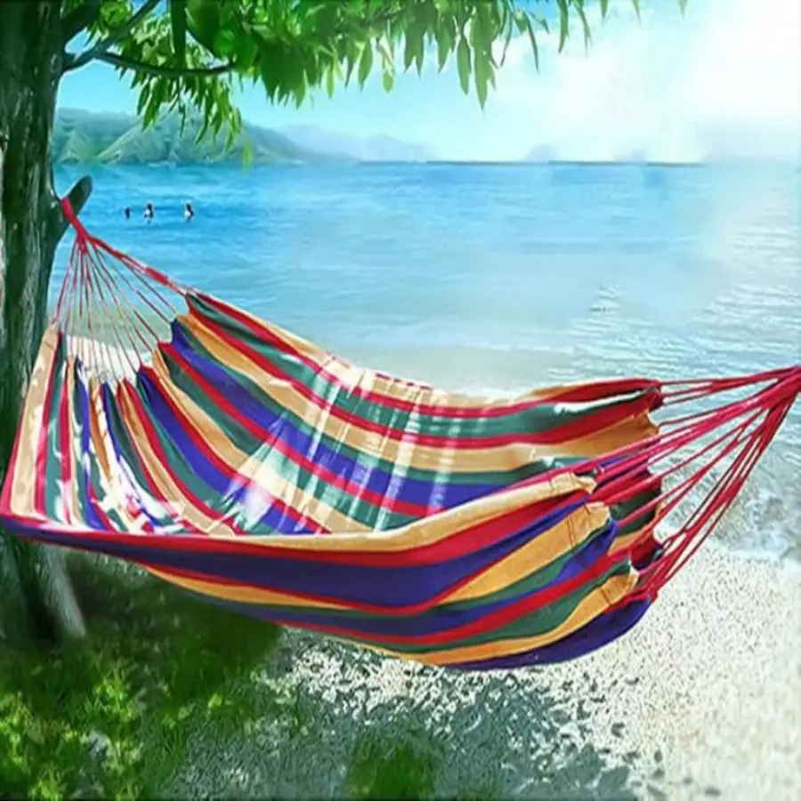 Unisex Tightly Woven Cotton Canvas Hammock - 2 Tree Straps, Anti-Rollover, Durable Carabiners, Generous Size, 440lbs Capacity, Travel Bag, Cotton Cradle, Supportive Seat, Flat Surface for Outdoor Camping, Indoor Patio (Rainbow, Without Bar)