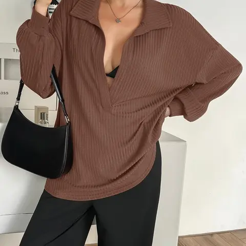 FISOEW Women's Knit Pullover Sweatshirt Oversized Deep V Neck Ribbed Long Sleeve Casual Lightweight Top for Women Knitwear Women's Clothes,back to school,back to school shopping Vneck Brown