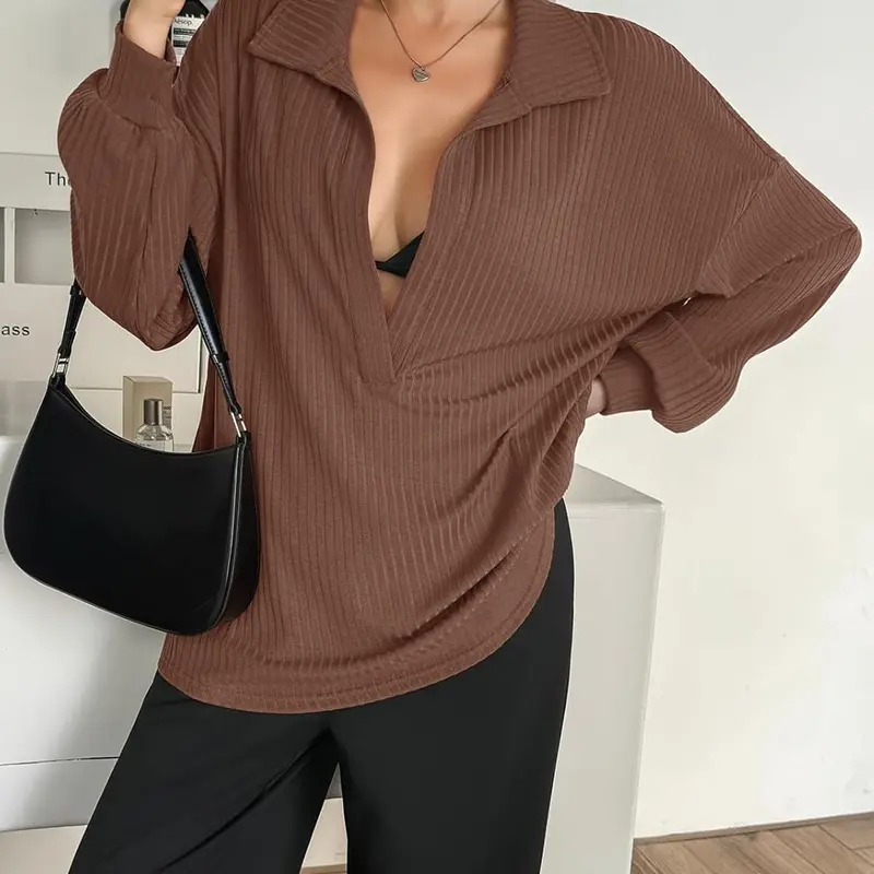 FISOEW Women's Knit Pullover Sweatshirt Oversized Deep V Neck Ribbed Long Sleeve Casual Lightweight Top for Women Knitwear Women's Clothes,back to school,back to school shopping Vneck Brown