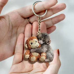 Viral Punch Monkey Wooden Keychain, Cute Baby Monkey with Plush Toy Gift, Emotional Gift for Animal Lovers