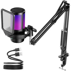 USB Gaming Condenser Microphone with Noise Cancellation, Mute Button, Gain Control, RGB Indicator & Boom Arm Stand for Streaming, Podcasting, PC, PS4, PS5, Mac, Black