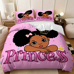 3-piece bedding set, Machine washable bedding, Pink background with black curly hair princess girl design down comforter set (1 duvet cover + 2 pillowcases, filling not included), suitable for family bedrooms and guest rooms