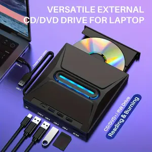 Upgraded Portable External CD DVD Drive, USB-Powered Type-C& USB 3.0 Multi-Function DVD+/-RW Writer/Burner with SD Card Reader, 3-Port USB Hub, Plug& Play for Windows, Linux, Apple OS