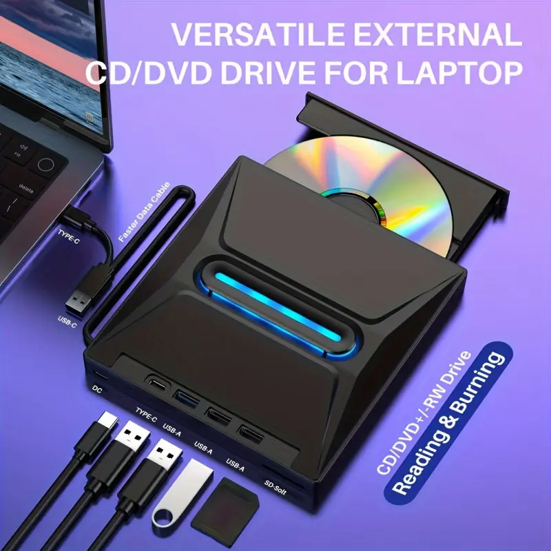 Upgraded Portable External CD DVD Drive, USB-Powered Type-C& USB 3.0 Multi-Function DVD+/-RW Writer/Burner with SD Card Reader, 3-Port USB Hub, Plug& Play for Windows, Linux, Apple OS, Laptop