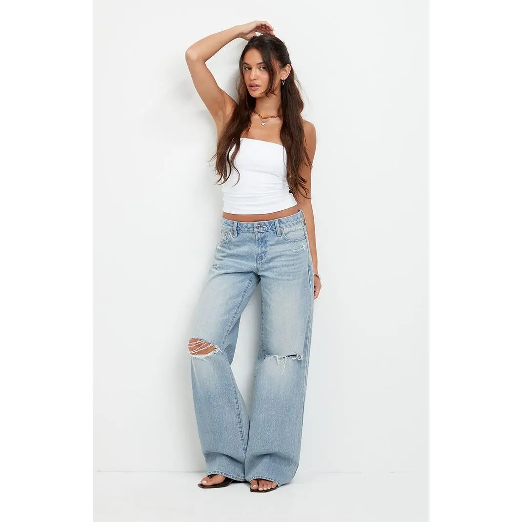 Pacsun Women's Casey Low Rise Baggy Jeans Ripped Knee Light Blue Pacsun Women's Casey Low Rise Baggy Jeans Ripped Knee Light Blue