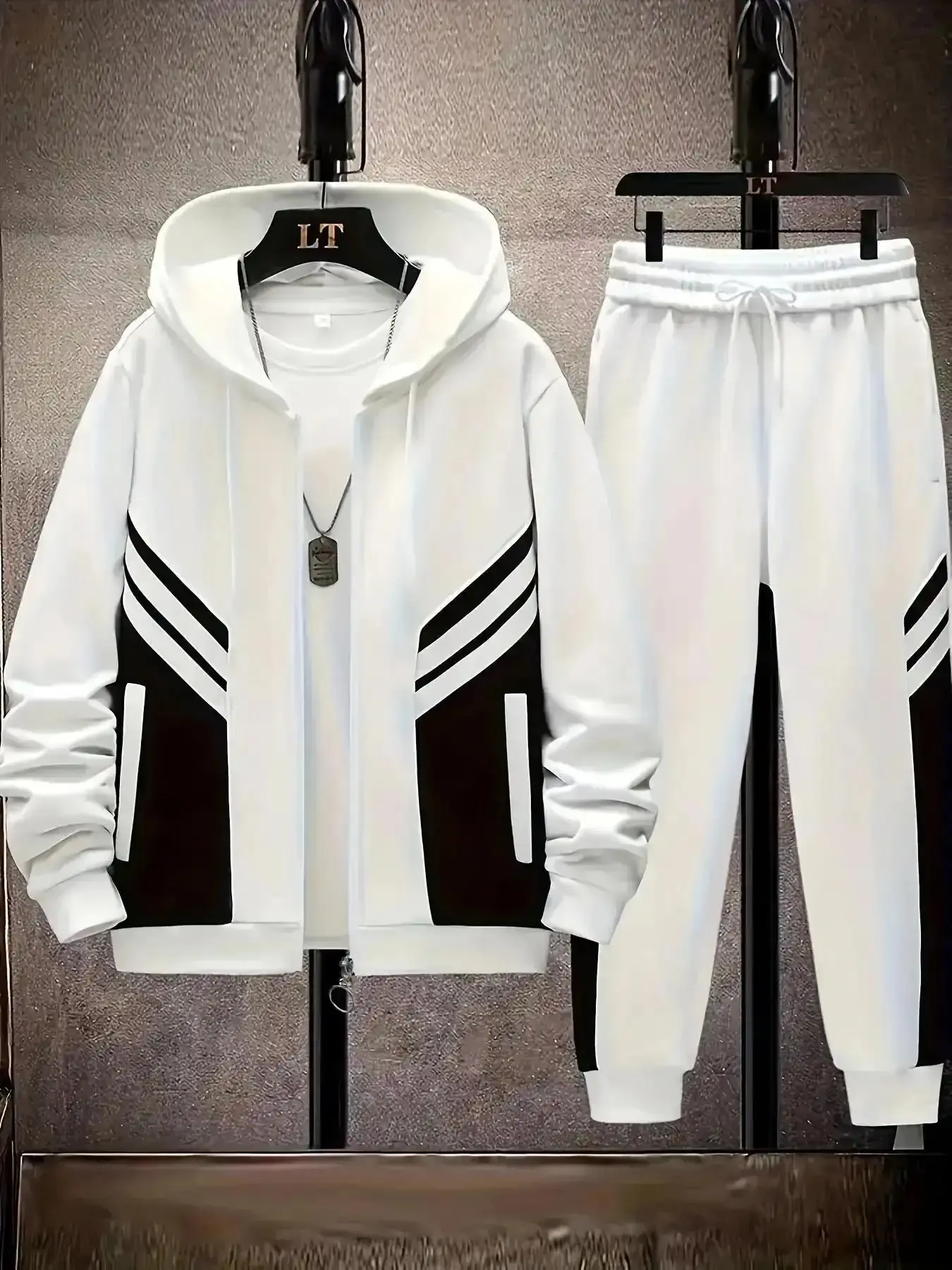 Black and White Colorblock Hooded Sports Set Trendy Versatile Comfortable High-End Feel, Coordinated, Modern, Clean, Casual, Classic, Stylish, Cozy, Sleek, Sharp, Lightweight, Soft