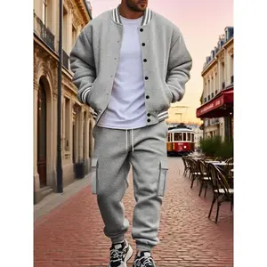 Men's Fall Outfits Sports Casual Warm Fleece Two-Piece Set for Daliy Wear, Baseball Jacket & Cargo Pants, Multi-Pocket Design, Essential Wardrobe Item