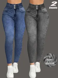 Women's High Waisted Stretch Denim Look Bottoms, Slim Fit Long Pants, Casual Sporty High Waist Butt Lifting Breathable Inner Layer Outerwear