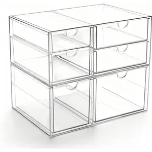 Acrylic Drawer Makeup Organizer with 6 Drawers (Not for Baby Bottle), Set of 2 Office Desk Organizers Accessories, Clear Stackable Storage Drawers for Vanity, Craft (Largest Drawer 4" Tall)