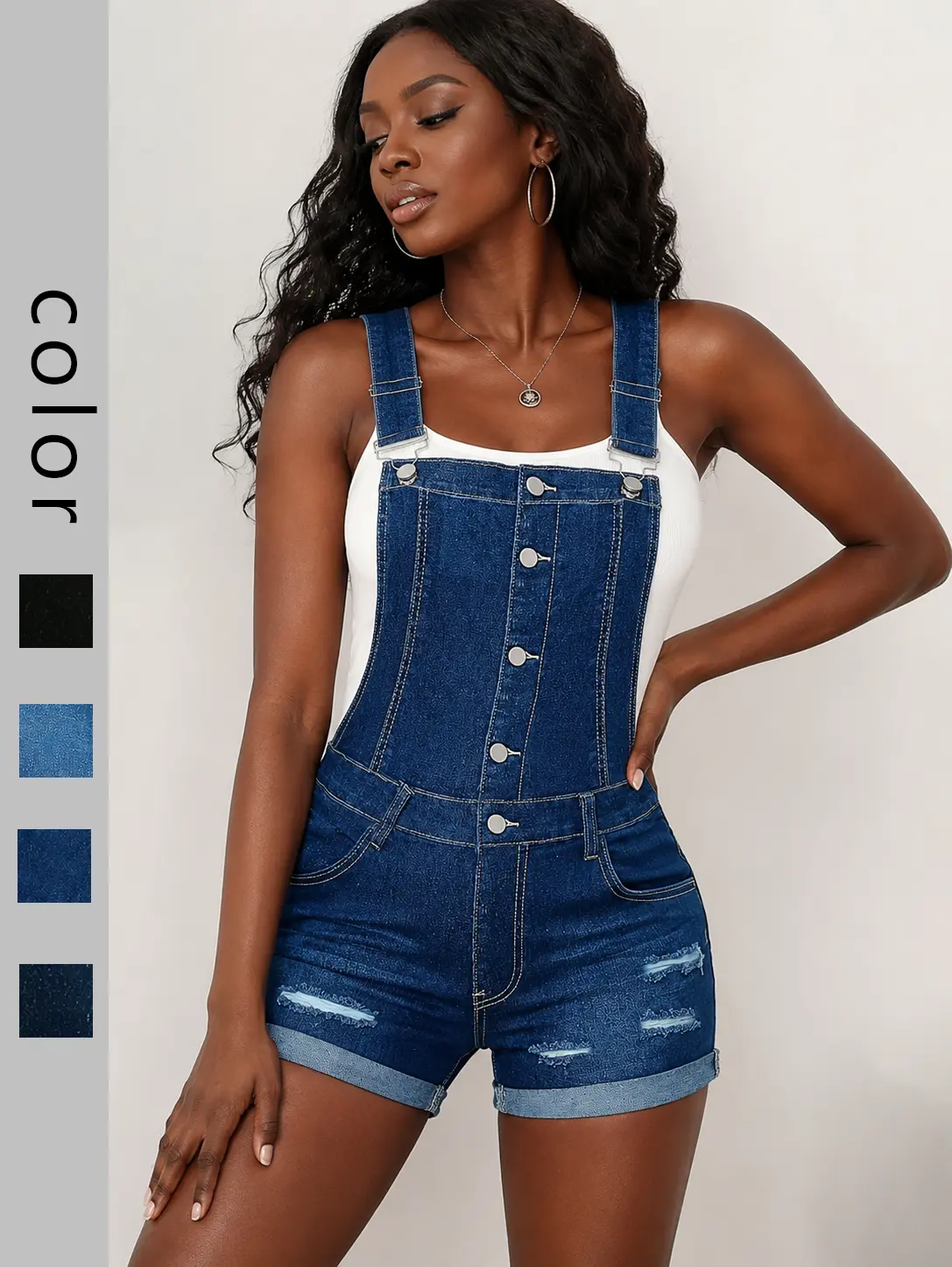 Women’s Stretch Denim Overall Romper – Slim Fit Distressed Shortalls for Summer Streetwear