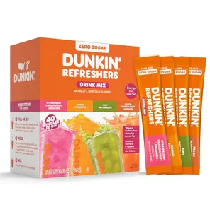 Dunkin’ Zero Sugar Refreshers Singles To Go! Powdered drink mix packets, 40 Ct Variety Pack, 40 Single serve Packets per Box (40 servings), Energy from Green Tea, aspartame-free, no synthetic colors, naturally and artificially flavored, just add water