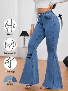 Women's Elastic Bell Bottom Jeans, Trendy Denim for Casual and Formal Wear, High-Waisted Long Pants with Frayed Hem, Comfortable and Elegant