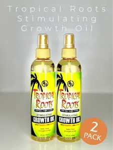 Tropical Roots Stimulating Growth Oil! 237ml/8 fl oz of pure magic for stronger, longer locks. Experience vibrant growth and lush, healthy hair with every drop. Perfect for all hair types!  Pineapple Comfort Moisture Lightweight Haircare Hydrate