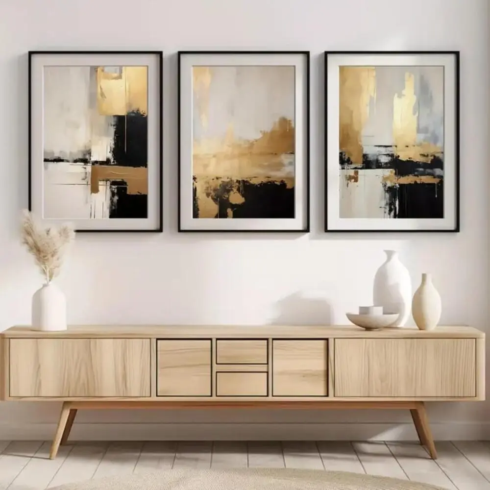 3 Pieces Black Gold Beige Abstract Brushstroke Art Prints, Modern Luxury Wall Mural, Modern Art Design, Refined Home Art, Contemporary Gallery Decor, Gold Tone Painting, Wall Decor for Living Room, Bedroom and Study, Framed or Unframed, Decoration Items.