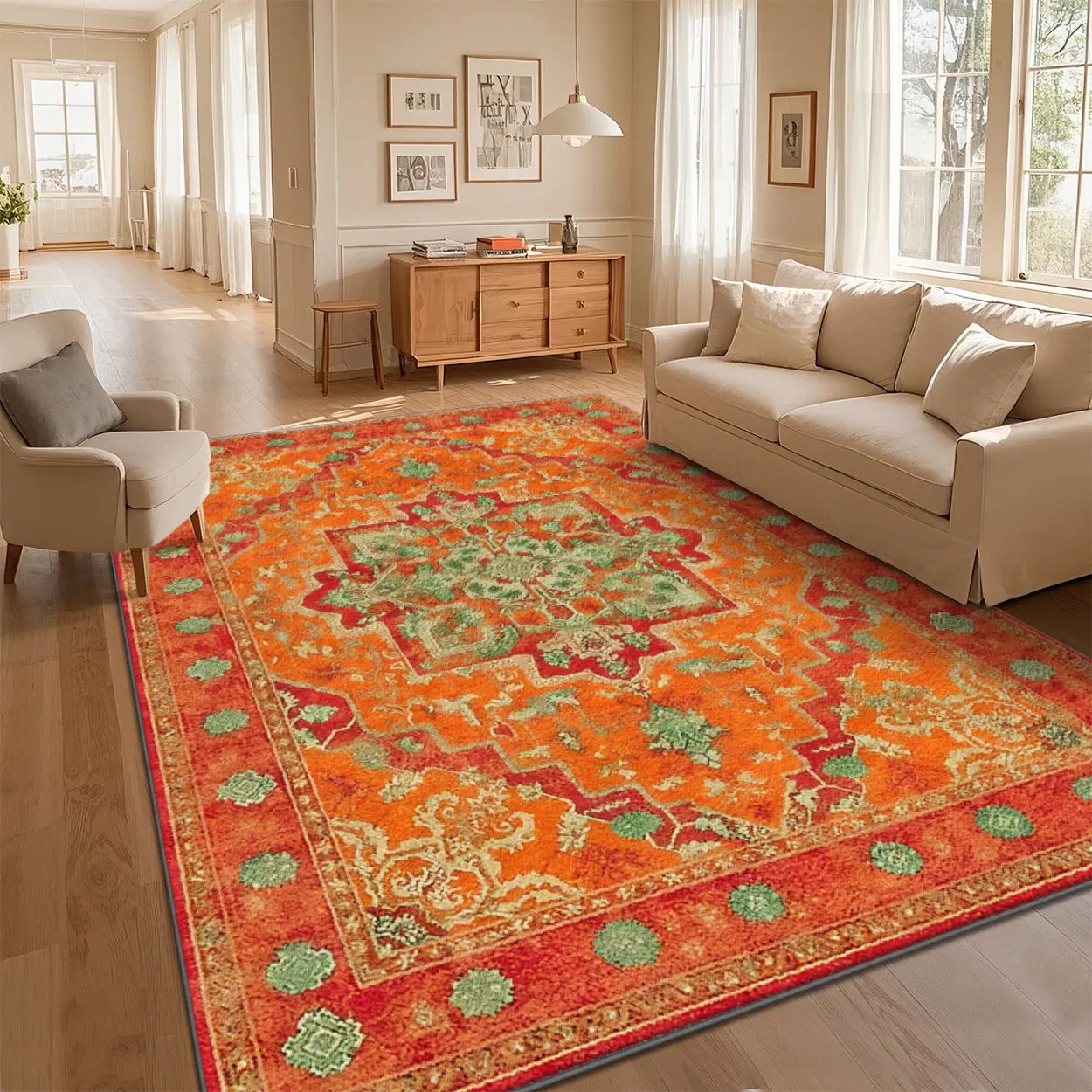 Vintage Print Velvet Fiber Unisex Area Rug - Soft Boho Living Room Decor, Non-Slip Stays Put Grip, Washable Multi-Size Rectangle Indoor Floor Mat for Bedroom, Local Delivery