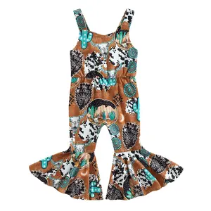 Canrulo Toddler Baby Girl Bell Bottoms Romper Western Cow Pattern Sleeveless Jumpsuit Summer Clothes 6M-4T