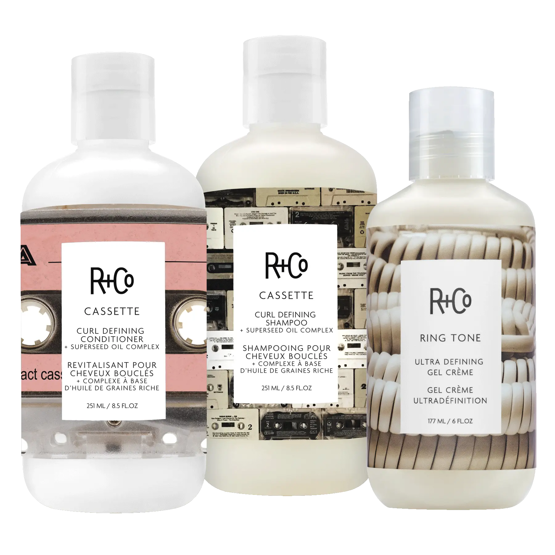 R+Co CURL CARE Kit - CASSETTE Curl Defining Shampoo & Conditioner with Superseed Oil Complex & FREE RING TONE Ultra Defining Gel Crème for Frizz Control and Shine