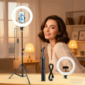 10'' video light with 63'' Detachable Tripod & Phone Holder, Adjustable Brightness, USB Powered, for Live Streaming, Photography, Makeup, Cooking, Podcasts, #video lighting #ring light with tripod #a rodeluz led#olumiring light ring#Mother's Day Gift
