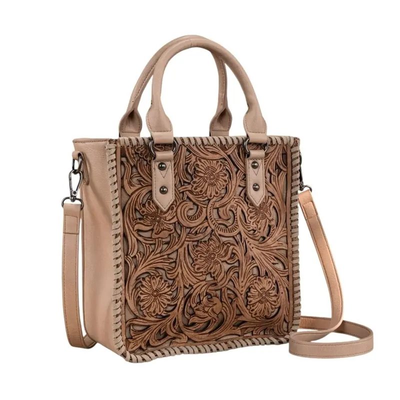 Trinity Ranch Partial Genuine Leather Floral Tooled Tote/Crossbody Bag