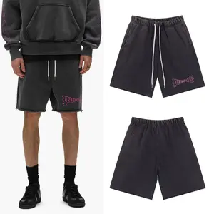 Extra Baggy Gothic Letter Embroidered Fleece Fleece Sweat Shorts, Retro Faded & Raw Hem, 2000s Retro Urban Street Style, For Men & Women Drawstring Baggy Casual Bottoms for Men Women Warm Weather Music Festival Daily Outfit